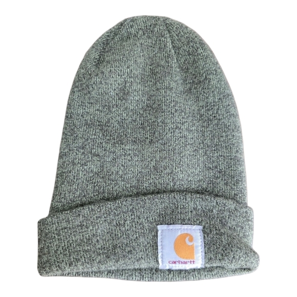 Carhartt Beanie Hat Cap Gray Yellow Acrylic Watch Fleece Graphic Logo Workwear - Picture 1 of 8